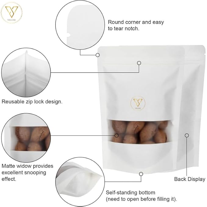 VELEXE White Matte Zip Lock Stand Up Pouches | Reusable, Leakproof & Airtight Multi-Purpose Pouches with Self-Sealing Technology