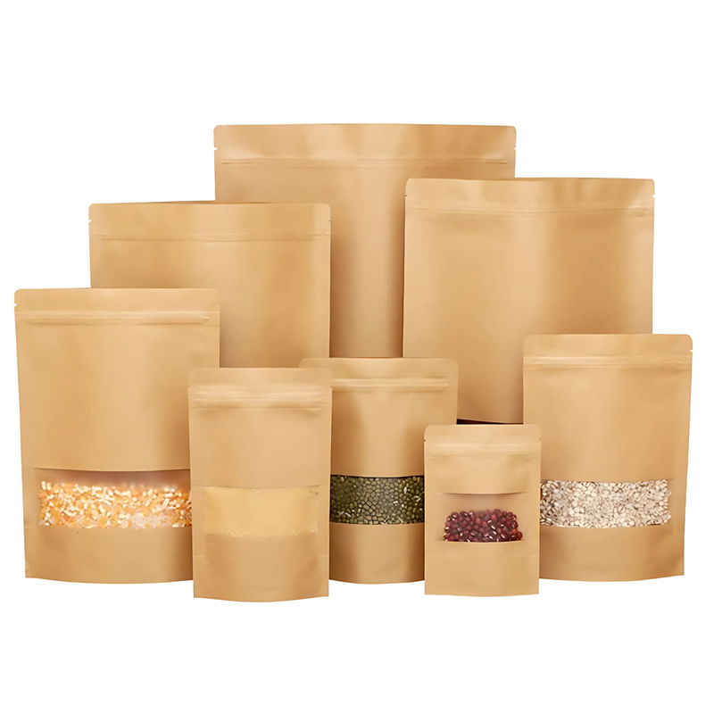 BROWN KRAFT PAPER STAND UP POUCH WITH WINDOW