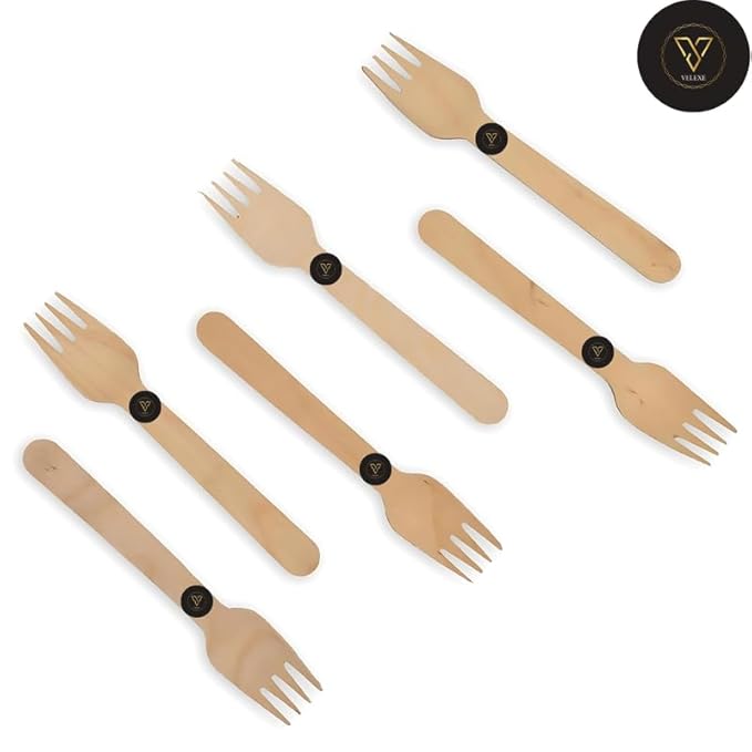 VELEXE Disposable Wooden Forks| Wooden Dining Flatware | Ideal for Wedding, Birthday Parties & Travelling | Biodegradable & Sustainable