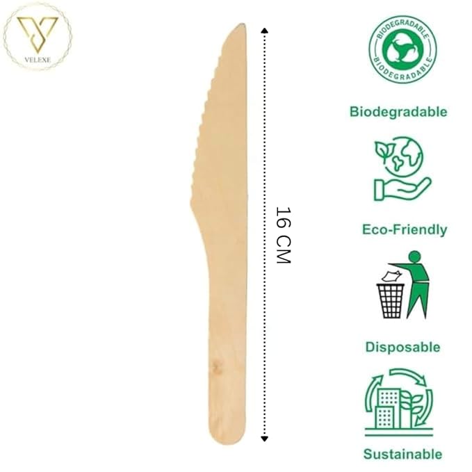 VELEXE Disposable Wooden Knives| Wooden Dining Flatware | Ideal for Wedding, Birthday Parties & Travelling | Biodegradable & Sustainable