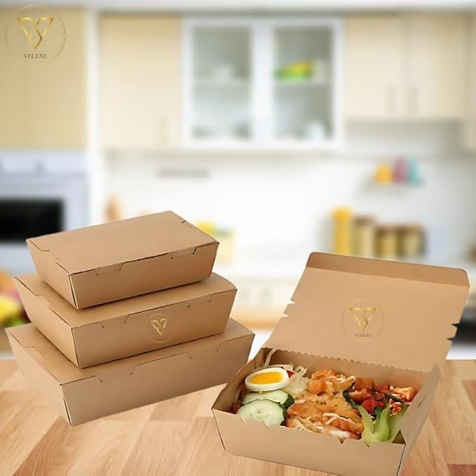 VELEXE Brown Kraft Paper Food Box | Eco-Friendly Takeaway Containers | Biodegradable & Disposable Food Containers for Meal, Party Catering, Takeout, and Delivery