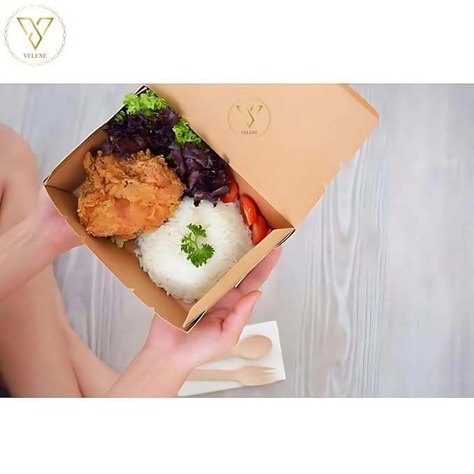 VELEXE Brown Kraft Paper Food Box | Eco-Friendly Takeaway Containers | Biodegradable & Disposable Food Containers for Meal, Party Catering, Takeout, and Delivery