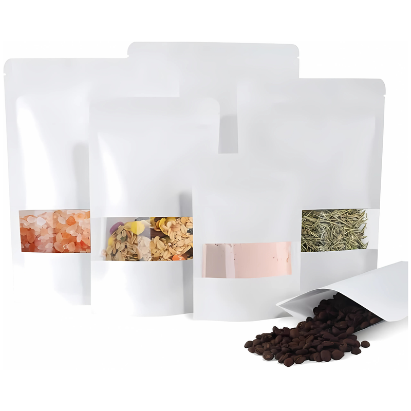 WHITE KRAFT PAPER STAND UP POUCH WITH WINDOW