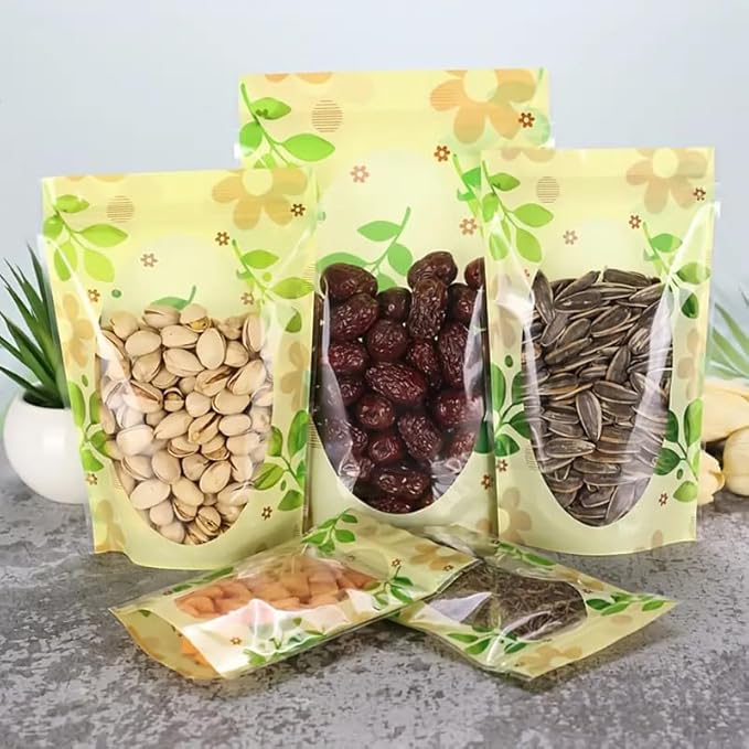 VELEXE Zip Lock Storage Stand Up Pouches with Clear Window| Leaf Print Reusable, Leakproof & Airtight Multi-Purpose Storage Pouches with Self Sealing Technology