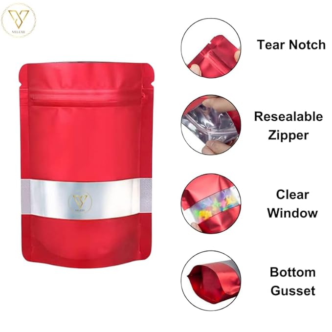 VELEXE Red Matte Zip Lock Stand Up Pouches| Reusable, Leakproof & Airtight Multi-Purpose Pouches with Self-Sealing Technology