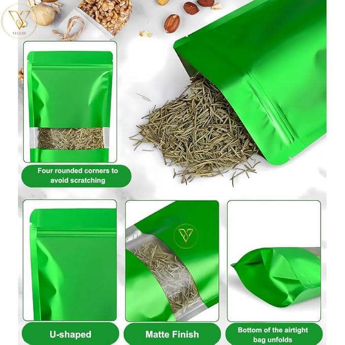 VELEXE Green Matte Zip Lock Stand Up Pouches | Reusable, Leakproof & Airtight Multi-Purpose Pouches with Self-Sealing Technology