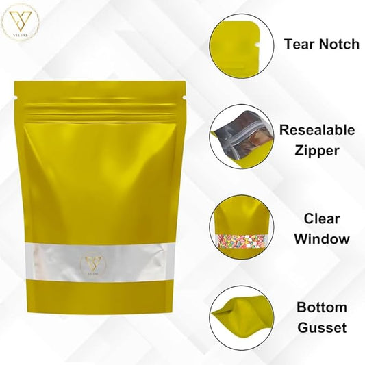 VELEXE Gold Matte Zip Lock Stand Up Pouches |Reusable, Leakproof & Airtight Multi-Purpose Pouches with Self-Sealing Technology