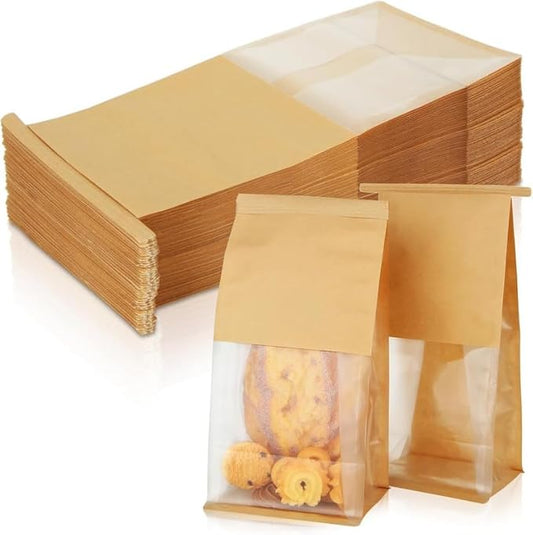 VELEXE Kraft Paper Tin Tie Tab Lock Bakery Bags with Transparent Window