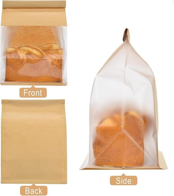 VELEXE Kraft Paper Tin Tie Tab Lock Bakery Bags with Transparent Window