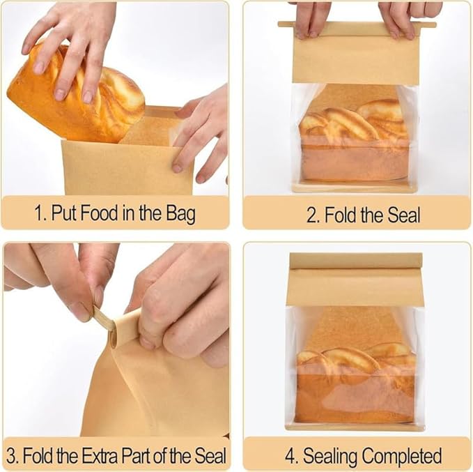 VELEXE Kraft Paper Tin Tie Tab Lock Bakery Bags with Transparent Window