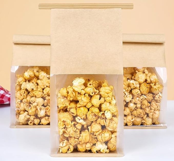 VELEXE Kraft Paper Tin Tie Tab Lock Bakery Bags with Transparent Window