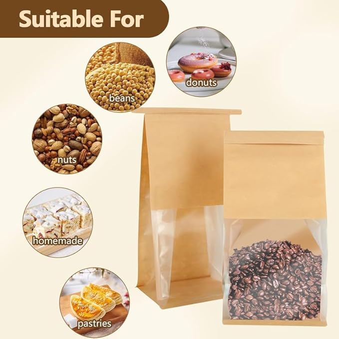 VELEXE Kraft Paper Tin Tie Tab Lock Bakery Bags with Transparent Window