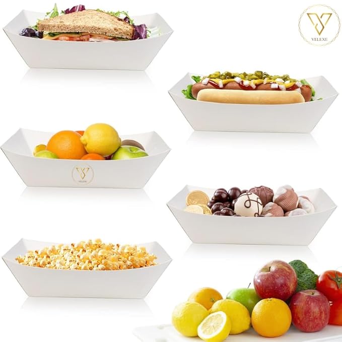 VELEXE White Disposable Food Trays| Heavy-Duty, Leak-Resistant, Compostable & Microwave-Safe Multi-Use Trays with Eco-Friendly Design