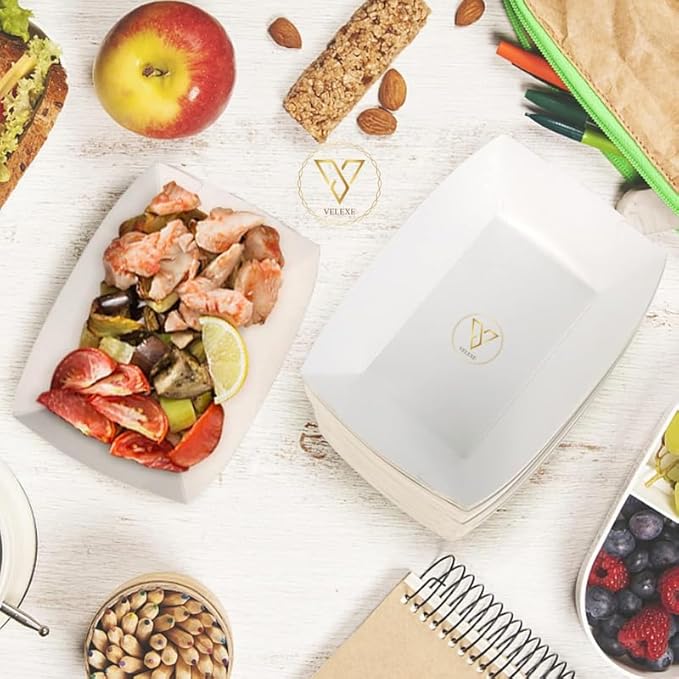 VELEXE White Disposable Food Trays| Heavy-Duty, Leak-Resistant, Compostable & Microwave-Safe Multi-Use Trays with Eco-Friendly Design
